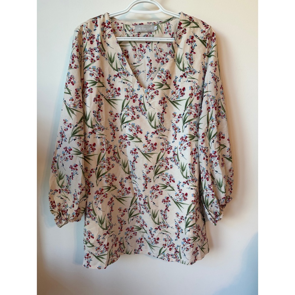 Belongsci Womens Floral V-Neck Blouse Cream Long Bishop Sleeve Top L